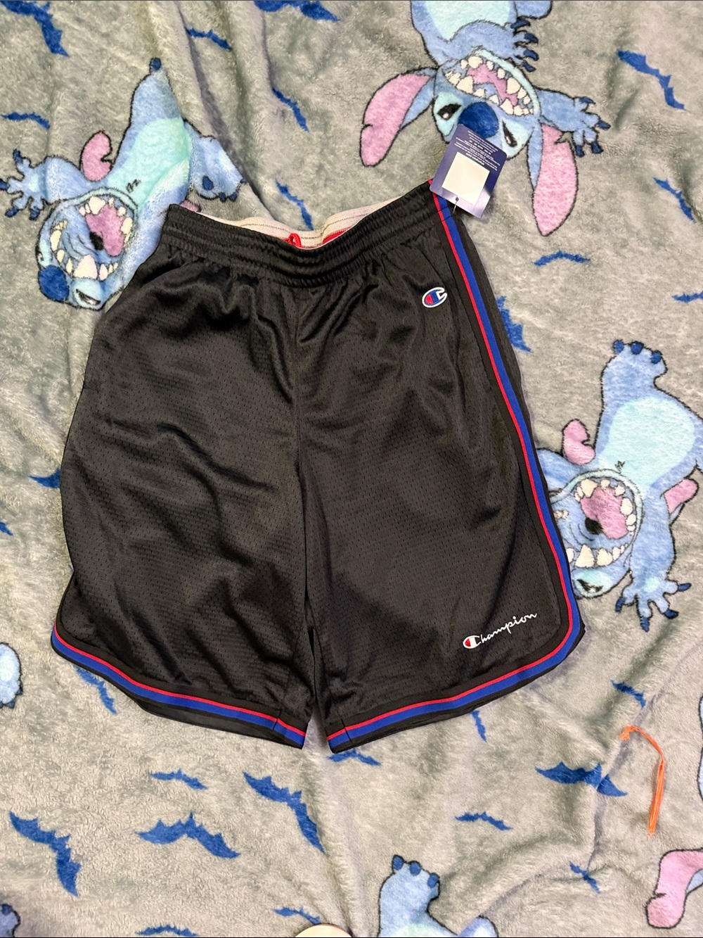 Champion Black Athletic Shorts with Red & Blue Stripe Trim